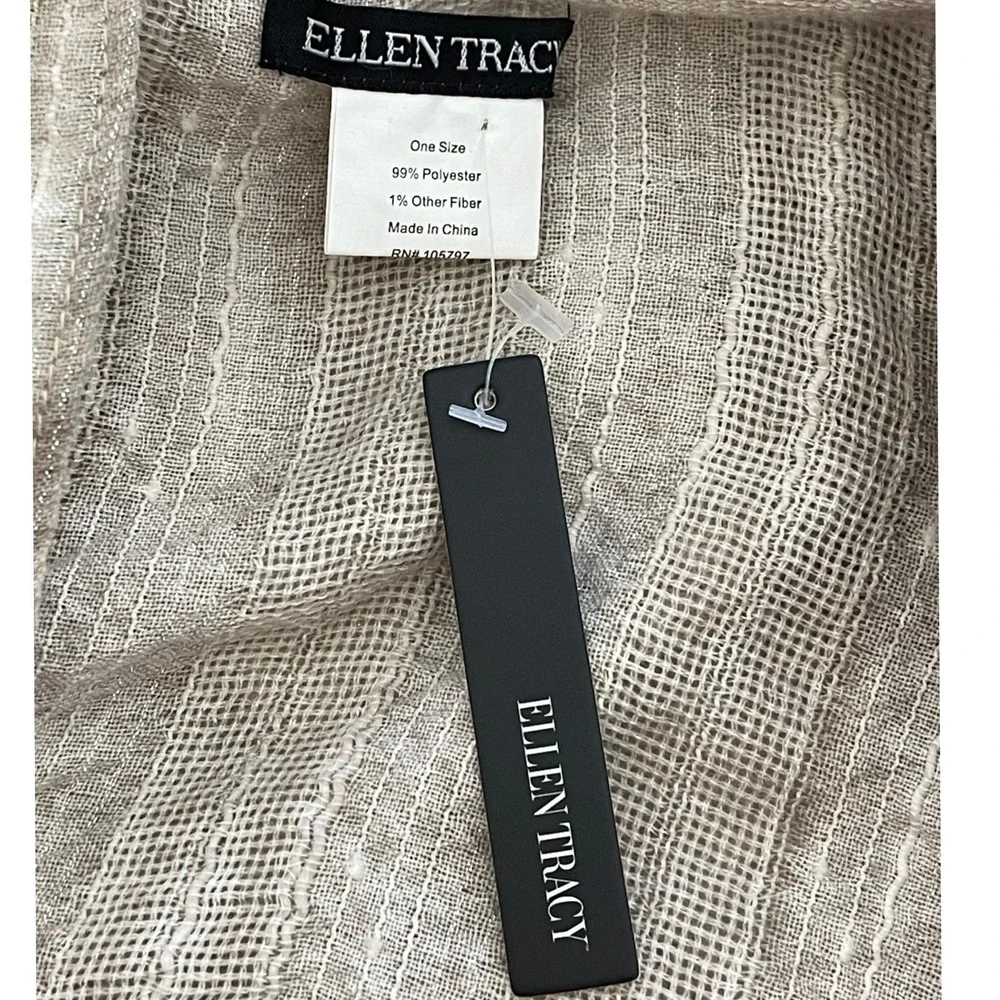 Ellen Tracy One Size Beige Metallic Open Knit Ruana Poncho Wrap Cardigan NWT